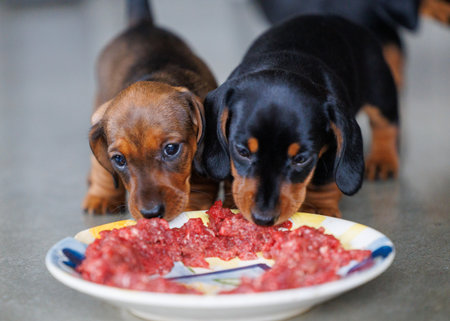 Adorable dachshund puppies eating raw minced meat from a plate indoors. Close-up view of young dogs during feeding time. Natural light, shallow depth of field, pet nutrition and animal care concept.の写真素材
