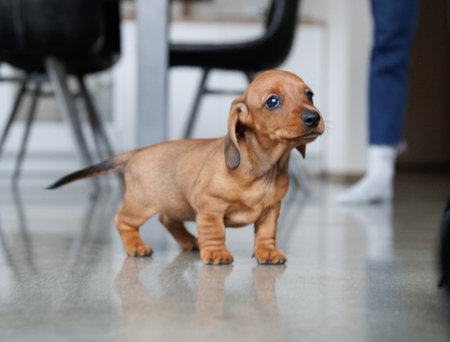 Cute dachshund puppy photographed indoors on a smooth floor in natural light. Close-up and full-body views of a young dog exploring its surroundings. Pet lifestyle, animal care and puppy development conceptの写真素材