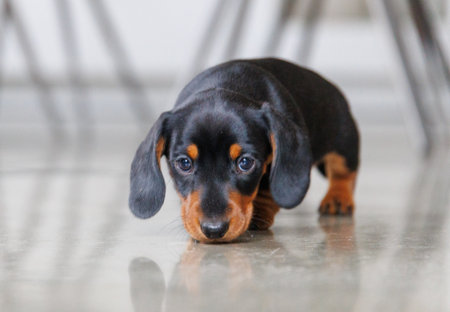 Adorable dachshund puppies exploring an indoor space. Small purebred dogs with short legs and curious expressions, photographed in natural light. Concept of pets, puppyhood, care, and domestic lifeの写真素材
