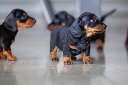 Adorable dachshund puppies exploring an indoor space. Small purebred dogs with short legs and curious expressions, photographed in natural light. Concept of pets, puppyhood, care, and domestic lifeの写真素材