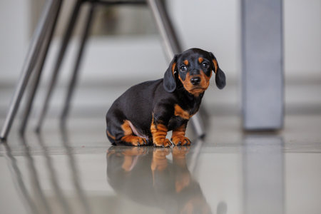 Adorable dachshund puppies exploring an indoor space. Small purebred dogs with short legs and curious expressions, photographed in natural light. Concept of pets, puppyhood, care, and domestic lifeの写真素材