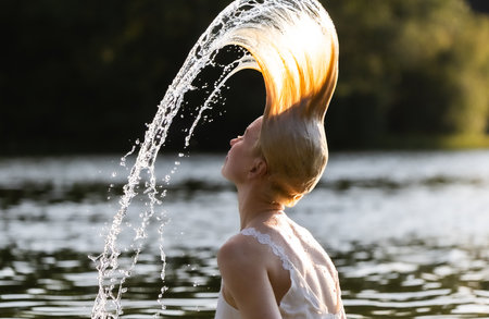 Young woman in a white dress flipping wet hair while standing in a lake at golden hour. Dynamic water splash creates an elegant arc. Freedom, freshness, summer nature conceptの写真素材