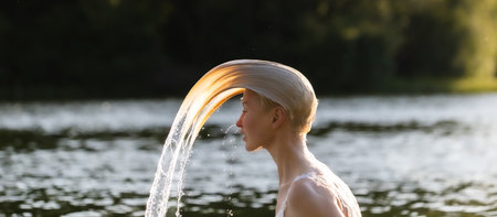 Young woman in a white dress flipping wet hair while standing in a lake at golden hour. Dynamic water splash creates an elegant arc. Freedom, freshness, summer nature conceptの写真素材