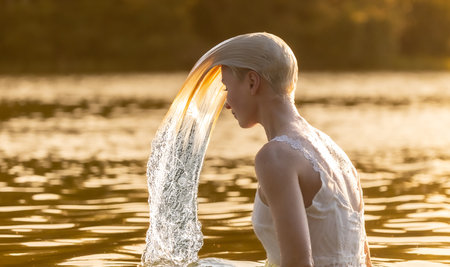 Young woman in a white dress flipping wet hair while standing in a lake at golden hour. Dynamic water splash creates an elegant arc. Freedom, freshness, summer nature conceptの写真素材