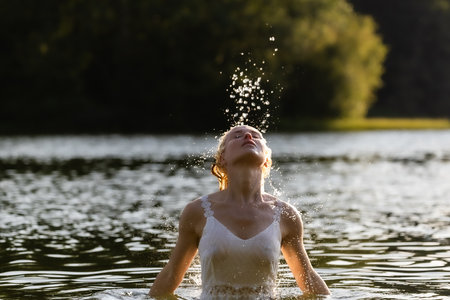 Young woman in a white dress flipping wet hair while standing in a lake at golden hour. Dynamic water splash creates an elegant arc. Freedom, freshness, summer nature conceptの写真素材