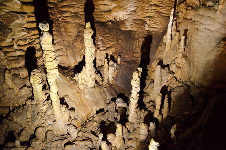 Stalagmites  Karst cave Emine Bair Khosar in Crimea  Massif Chatyrdag-Yayla  Vicinity of Alushta  Near the village Privolnoe の写真素材
