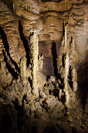 Stalagmites  Karst cave Emine Bair Khosar in Crimea  Massif Chatyrdag-Yayla  Vicinity of Alushta  Near the village Privolnoe の写真素材
