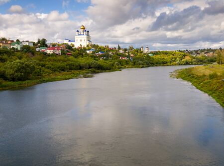Riverfront Bystraya Sosna and the Ascension (Voznesensky) Cathedral. Yelets, Lipetsk region, Russia.の写真素材