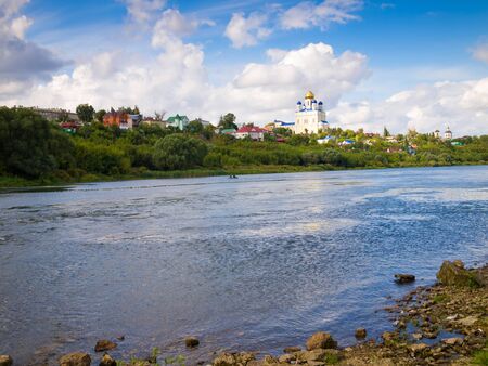 Riverfront Bystraya Sosna and the Ascension (Voznesensky) Cathedral. Yelets, Lipetsk region, Russia.の写真素材