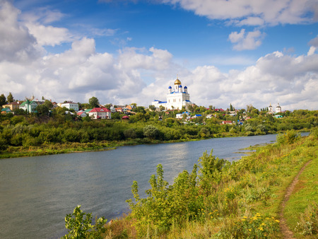 Riverfront Bystraya Sosna and the Ascension (Voznesensky) Cathedral. Yelets, Lipetsk region, Russia.の写真素材