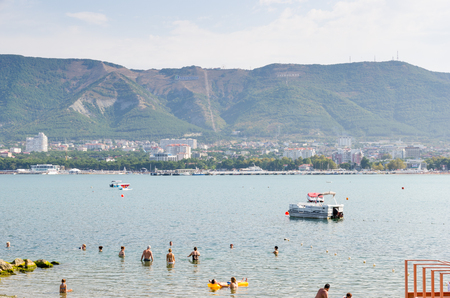 Gelendzhik, Krasnodar Krai, Russia - August 23, 2016. View from the public beach on the bay.のeditorial素材