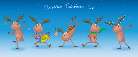 Cute and funny Christmas reindeers, cartoon vector illustration. Dancing reindeers with decoration elements, harmonic,  garland, scarf.のイラスト素材