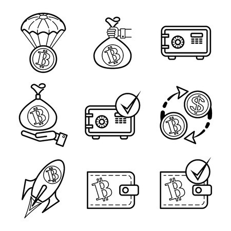Bitcoin. Black and white line isolated vector icons set for site - currency drop, growth, exchange, wallet, storage, deposit, withdraw.のイラスト素材