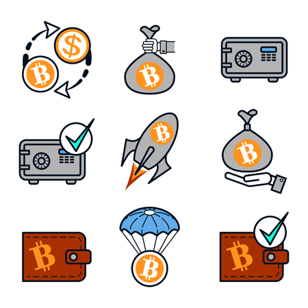 Bitcoin. Color flat isolated vector icons set for site - currency drop, growth, exchange, wallet, storage, deposit, withdraw.のイラスト素材