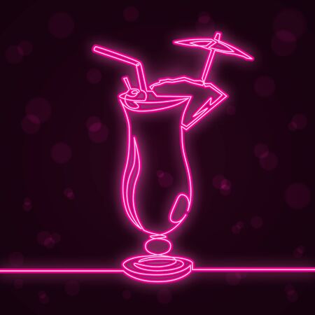 Neon cocktail on black background. Continuous one line drawing. Vector illustration.のイラスト素材