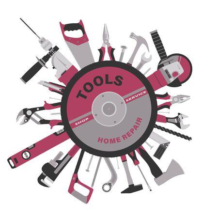 Template for building tools shop service banner. Flat icons. Tools for home repair and constructing on white background. Vector illustration.のイラスト素材
