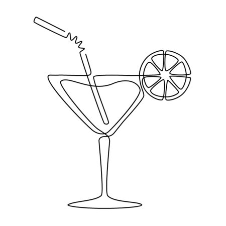 Continuous line drawing of cocktail. Vector linear black illustration. Isolated on white background.のイラスト素材