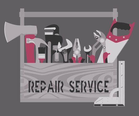 Template for repair service banner. Flat icons. Tools for house repair and constructing in a tool...