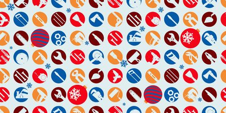 Christmas sale seamless pattern. Round multi-colored icons with tool silhouettes on a blue background. Vector illustration.のイラスト素材