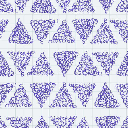 Hand drawn ink triangles on a squared notebook sheet. Vector doodle seamless pattern.