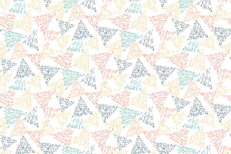 Abstract geometric hand drawn randomly scattered hatched triangles seamless pattern. Vector doodle background.のイラスト素材
