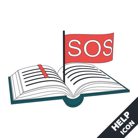 An open book and a red flag that lettering "SOS". 3D vector illustration in flat style isolated on white background. Icon for the HELP menu or others.のイラスト素材