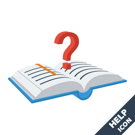 Open book and a question mark icon. 3D vector illustration in flat style isolated on white background. Icon for the Help, About, Info, Data menu or others.のイラスト素材