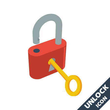 Opened lock and golden key icon. 3D vector illustration in flat style isolated on white background.のイラスト素材