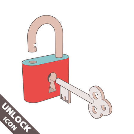 Opened lock and key icon. 3D vector illustration in flat style isolated on white background. Editable strokes.のイラスト素材