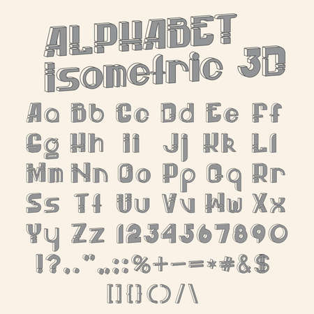 Vector set of grayscale characters. 3D isometric font. Contour alphabet. Vector letters, numbers and punctuation marks. Editable strokes.のイラスト素材