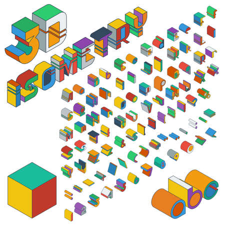3D multicolored isometric font. Three-dimensional alphabet. Vector set of letters, numbers and punctuation marks. Editable strokes.のイラスト素材