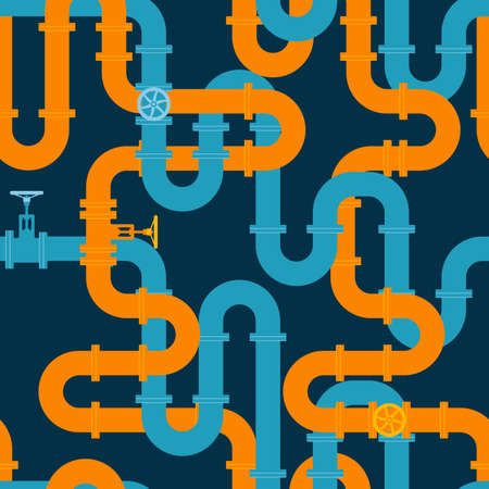 Pipeline seamless pattern. Intertwining blue and orange pipes with taps. Vector illustration in flat style.のイラスト素材