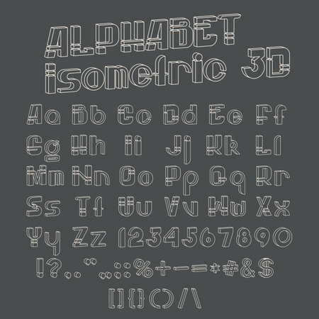 Vector set of grayscale characters. 3D isometric font. Contour alphabet. Vector letters, numbers and punctuation marks. Editable strokes.のイラスト素材
