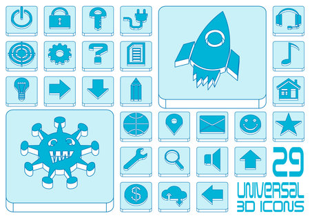 29 blue 3D universal vector icons set for web: bulb, connection, technical support, geo location, home, virus, cloud service, repair, key, lock, mail, music and etc. Vector illustration. Editable strokes.のイラスト素材