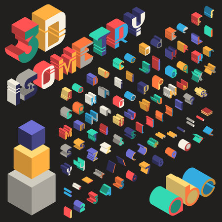 3D multicolored isometric font. Three-dimensional alphabet. Vector set of letters, numbers and punctuation marks on black background.のイラスト素材
