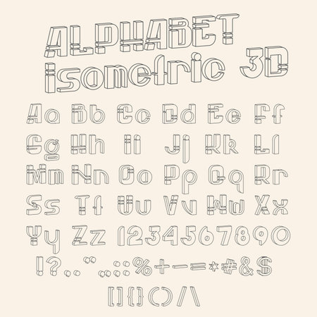 Vector set of grayscale characters. 3D isometric font. Contour alphabet. Vector letters, numbers and punctuation marks. Editable strokes.のイラスト素材