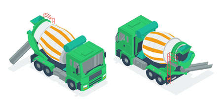 Concrete mixer truck. Isometric 3d vector illustration in flat style on a white background. Front view and back view.のイラスト素材