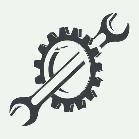 Gear and spanner black and white icon. 3D vector illustration in flat style isolated on white background. Icon for the Options, Settings, Technical Support, Service menu or others. Editable strokes.のイラスト素材