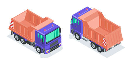 Dump truck. Isometric 3d vector illustration in flat style on a white background. Front view and back view.のイラスト素材