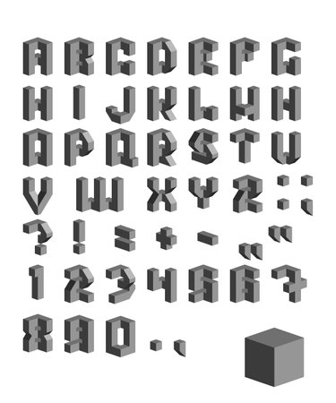 Vector set of grayscale characters. 3D isometric font. Contour alphabet. Vector letters, numbers and punctuation marks.のイラスト素材