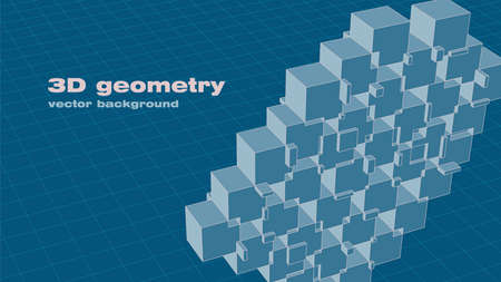 3d background of intersecting cubes and coordinate grid. Aspect ratio 16: 9. Vector illustration. There is free space for your text. Editable strokes.のイラスト素材