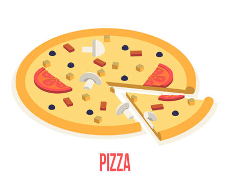 Pizza. Isometric vector illustration. Delicious pizza with a sliced slice. Isolated on a white background.のイラスト素材
