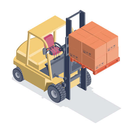 Forklift truck with raised boxes. Isometric 3d vector illustration in flat style on a white background.のイラスト素材