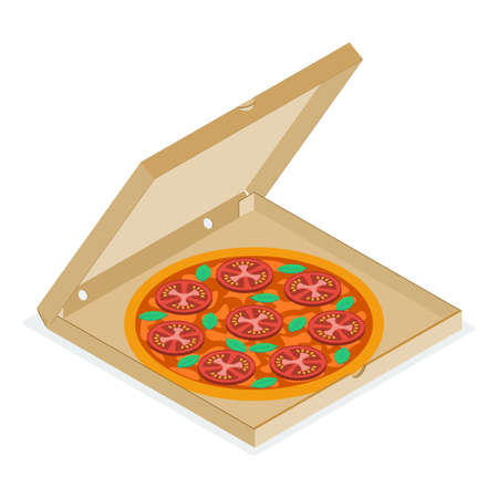Pizza Margherita in an open cardboard box. Pizza Margarita with tomatoes, basil and mozzarella cheese. Isometric vector illustration in flat style. Isolated on a white background.のイラスト素材