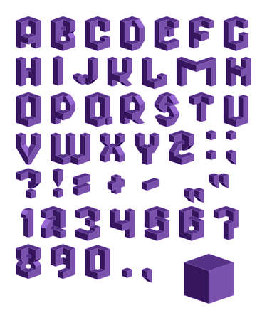 Vector set of purple characters. 3D isometric font. Vector letters, numbers and punctuation marks. Editable strokes.のイラスト素材