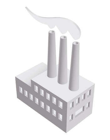 Monochrome 3d factory icon. Industrial building with smoking chimneys. Vector illustration. Isolated on white background.のイラスト素材