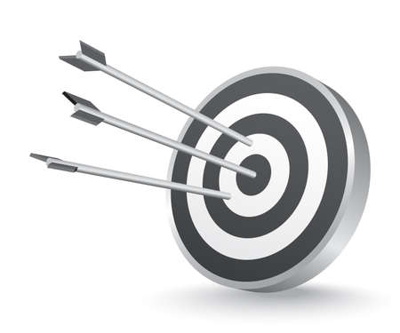 Simple 3d minimalistic illustration with arrows and a target. A three-shot archery target. One of the arrows pierced right into the bull's-eye. Vector grayscale illustration.のイラスト素材