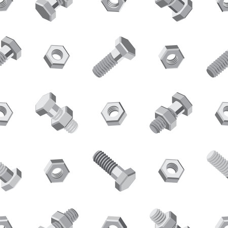 Seamless pattern with bolts and nuts on a white background. Isometric 3D vector illustration in flat style. For repair service, technical support, tool shop or others.のイラスト素材