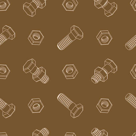 Seamless pattern with contour bolts and nuts on a brown background. Isometric 3D vector illustration. For repair service, technical support, tool shop or others.のイラスト素材