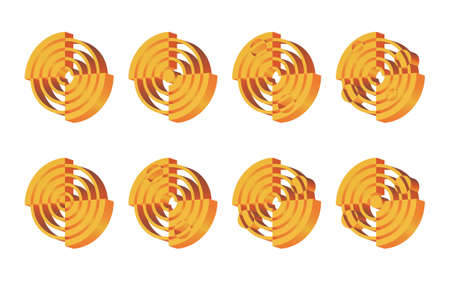 A set of 8 isometric 3D  . Abstract round  template. Sector geometric shape, symmetrical symbol, concentric circles, orbits. The company's  design, etc.のイラスト素材